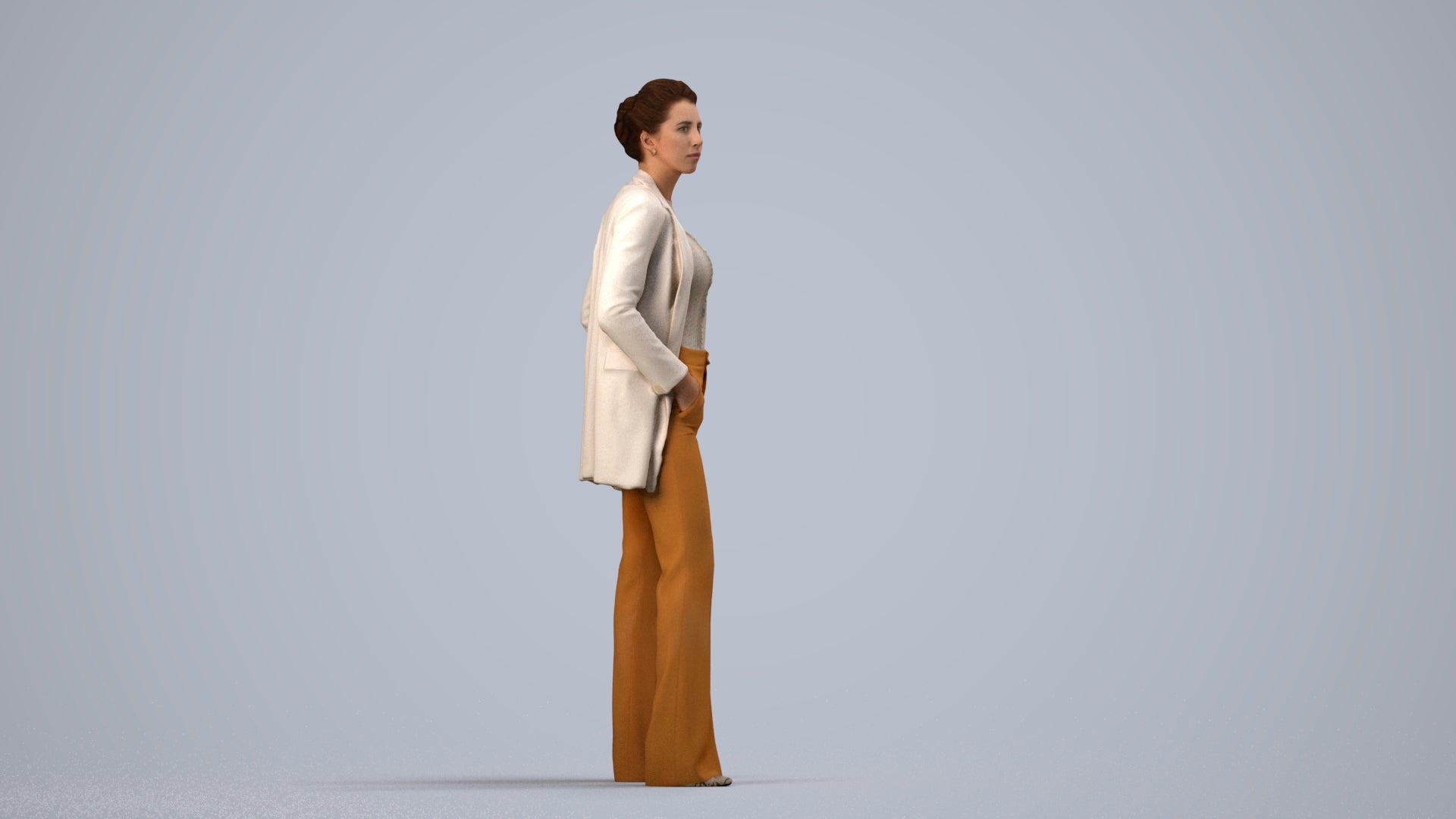 3D people model woman business standing, scanned human for 3ds Max rendering, side view render