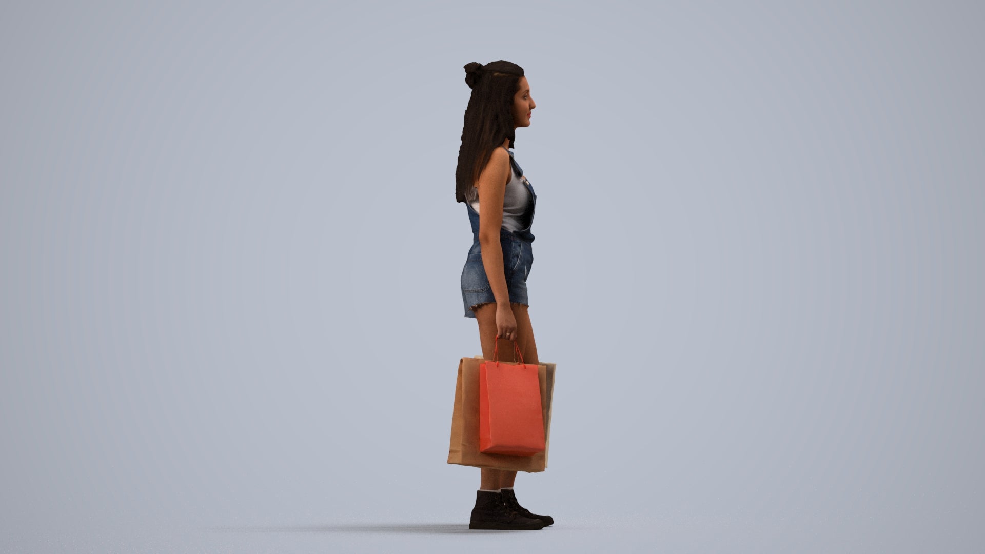 photogrammetry 3D woman casual shopping, realistic human model archviz FBX, side view render