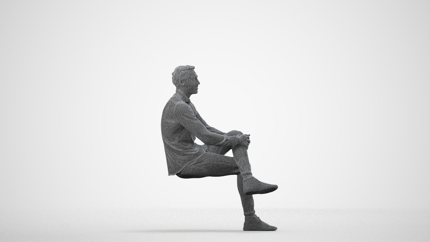 realistic 3D human man casual sitting, archviz people FBX OBJ for Blender, wireframe side view
