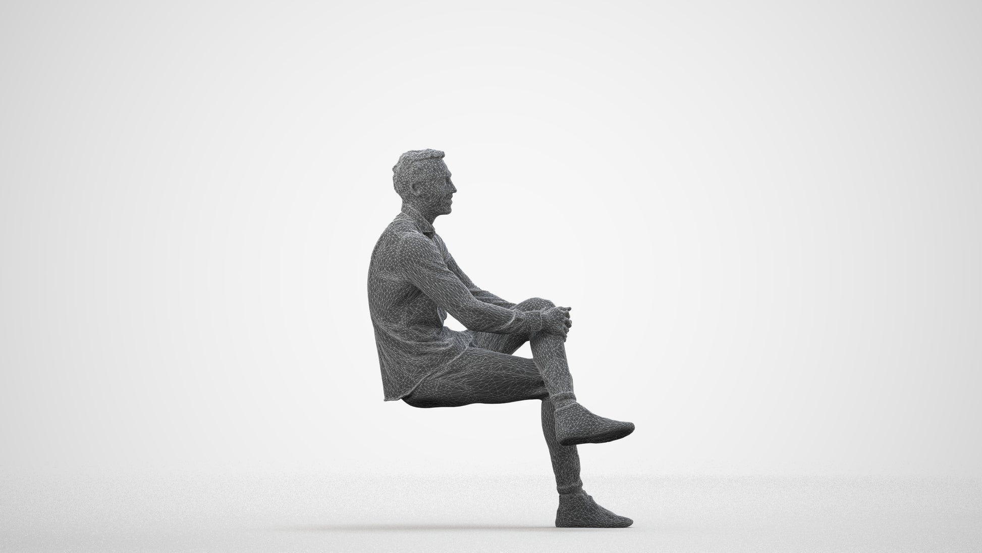 realistic 3D human man casual sitting, archviz people FBX OBJ for Blender, wireframe side view