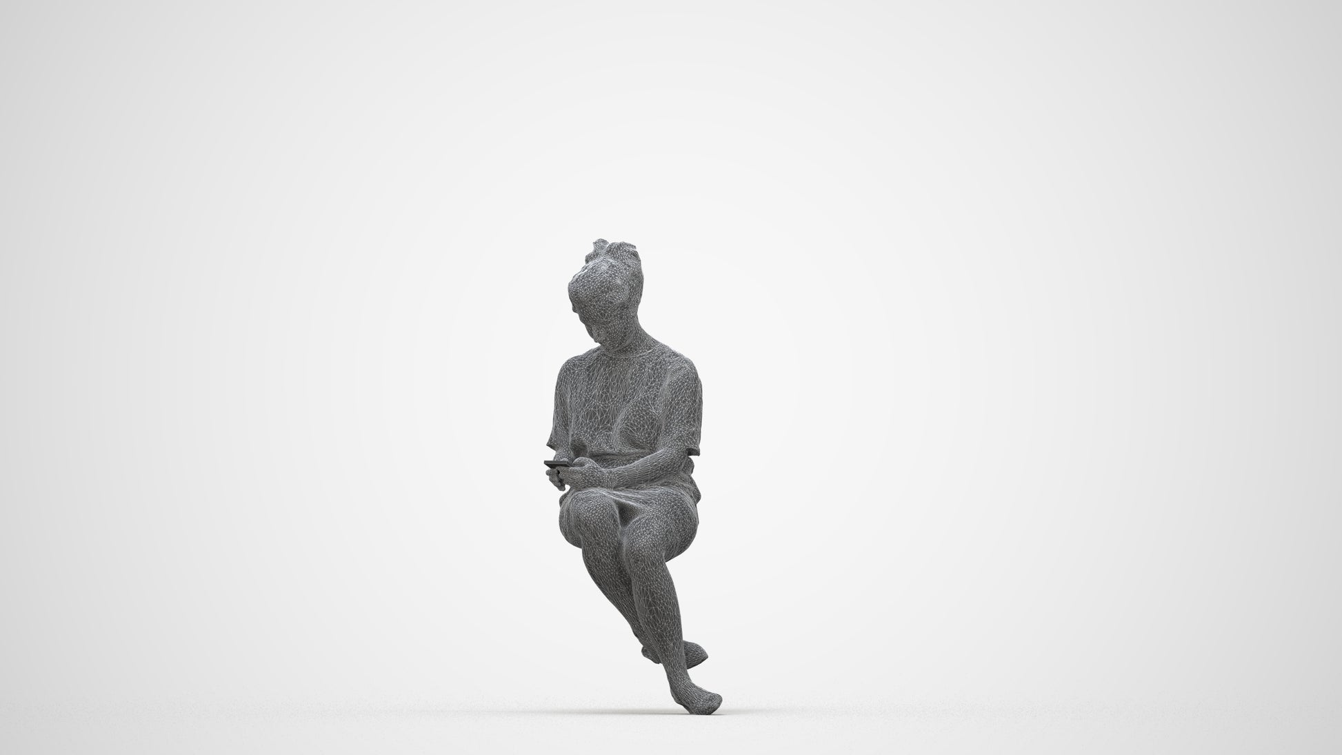 realistic 3D woman casual sitting, scanned archviz people for Blender and 3ds Max, wireframe back view