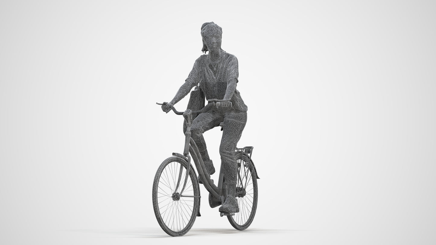 3D human model woman casual cycling, photogrammetry scanned person for archviz, three-quarter front view render