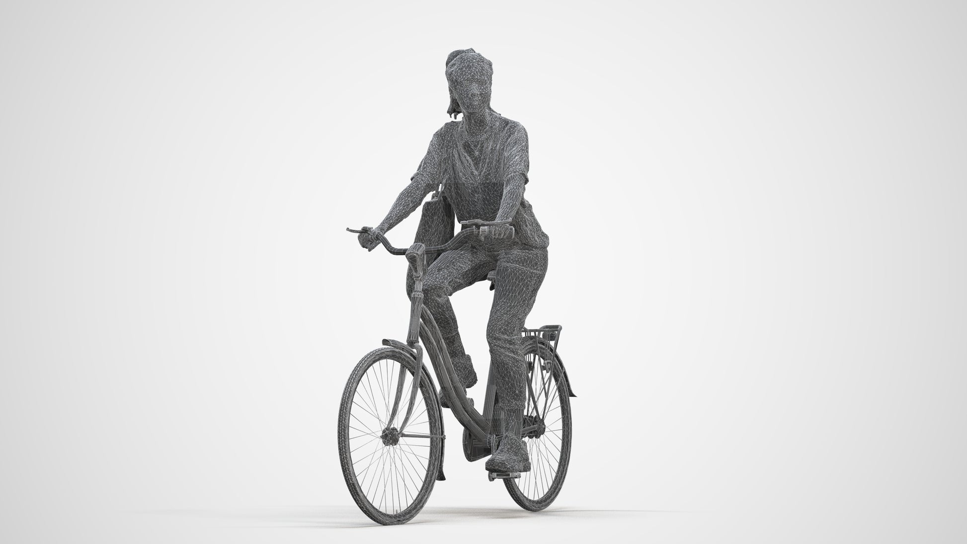 3D human model woman casual cycling, photogrammetry scanned person for archviz, three-quarter front view render