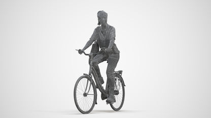 3D human model woman casual cycling, photogrammetry scanned person for archviz, three-quarter front view render