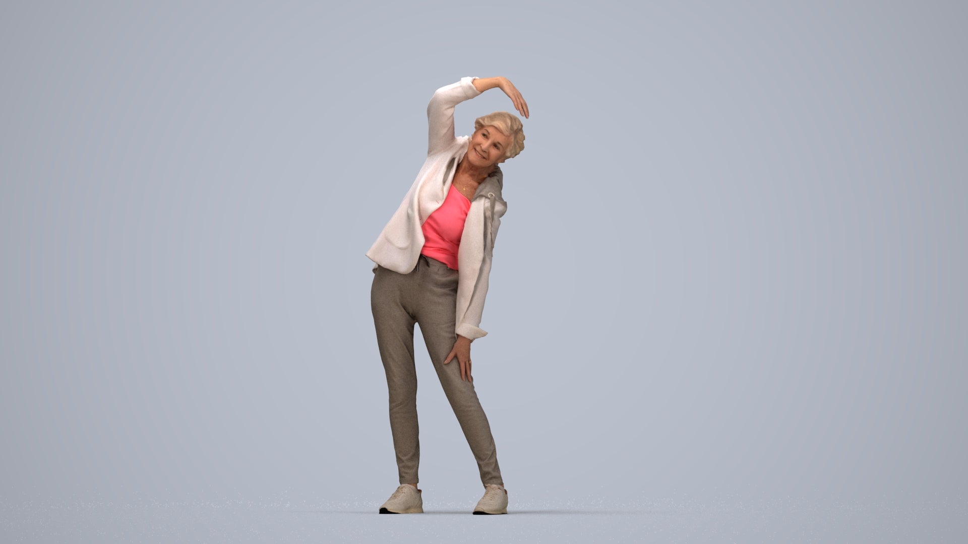 realistic 3D people senior woman sport, render-ready for V-Ray and Corona, FBX OBJ, top-down view render
