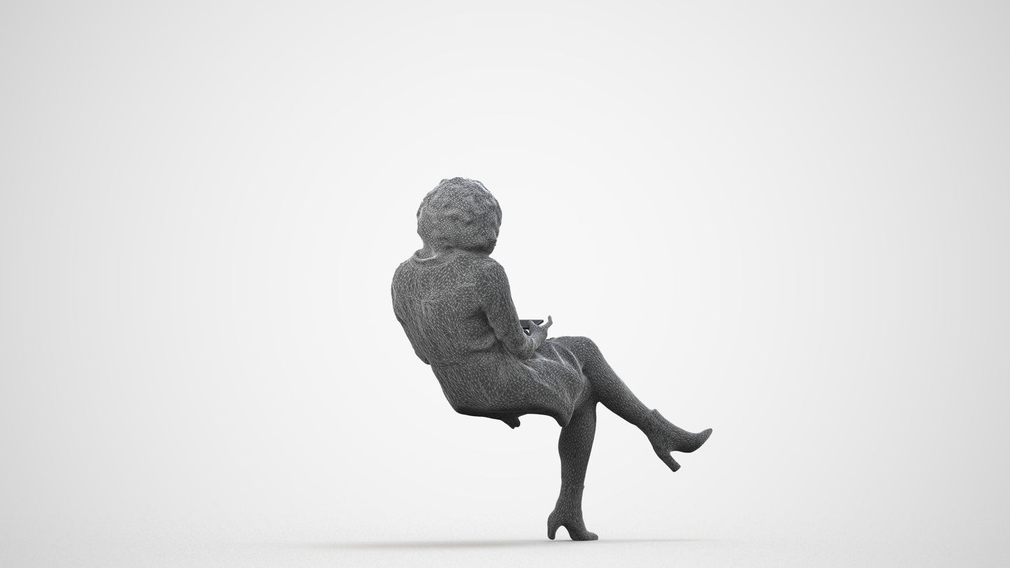 realistic 3D woman casual sitting, scanned archviz people for Blender and 3ds Max, wireframe side view