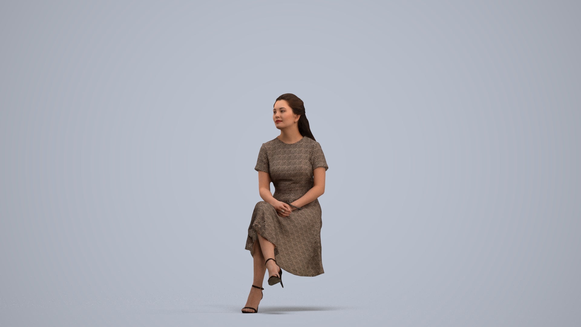realistic 3D woman casual sitting, scanned archviz people for Blender and 3ds Max, standing pose render