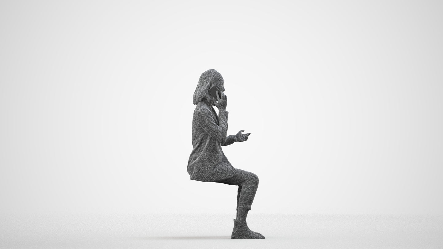 3D human model woman business, photogrammetry scanned person for archviz, wireframe side view