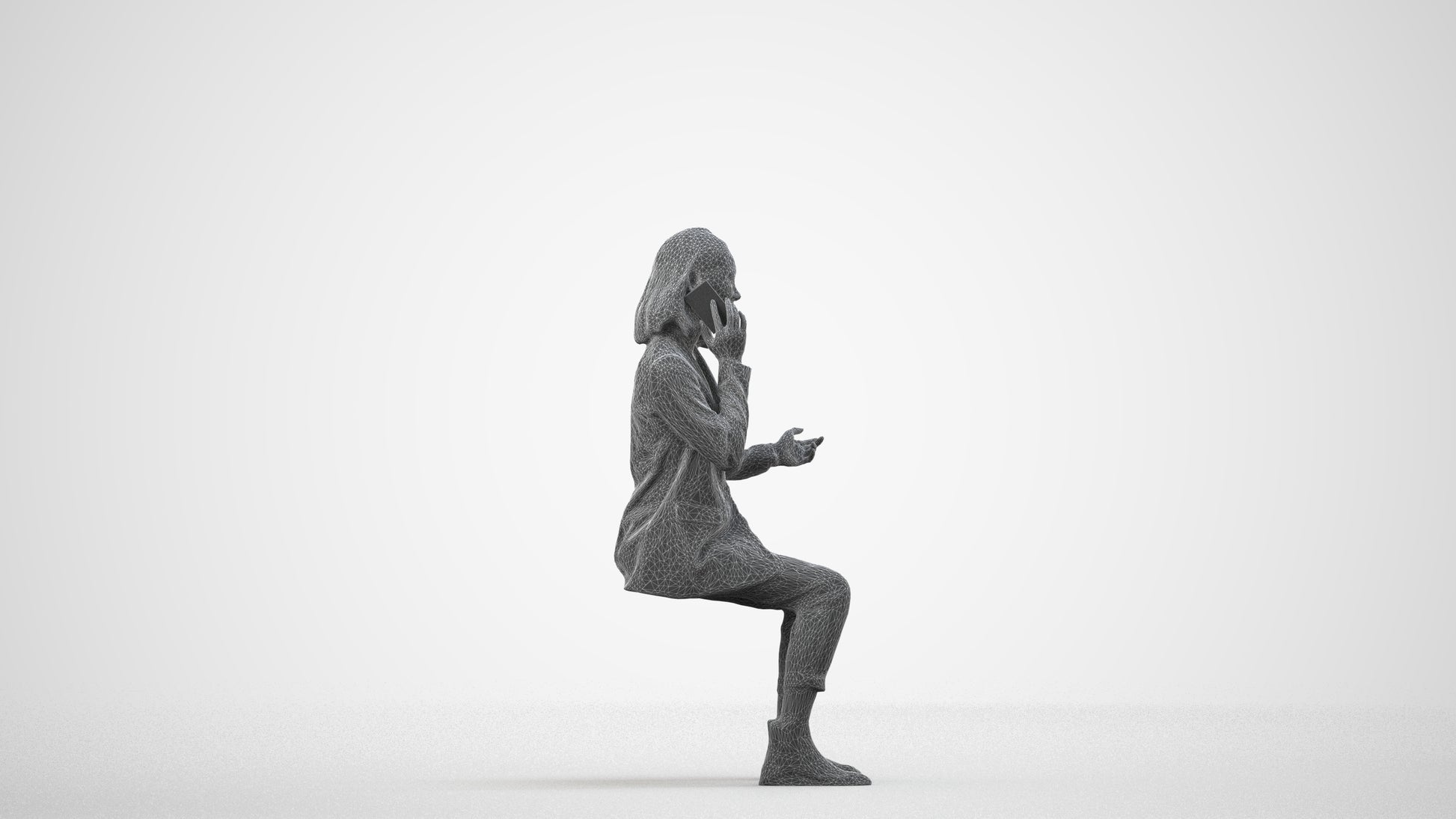 3D human model woman business, photogrammetry scanned person for archviz, wireframe side view