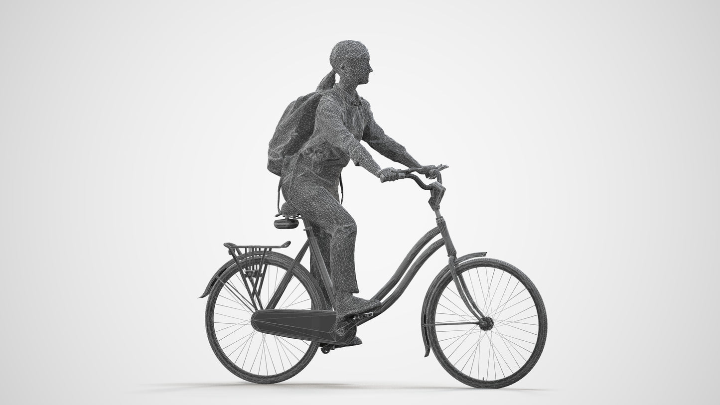 realistic 3D people girl business cycling, render-ready for V-Ray and Corona, FBX OBJ, wireframe side view