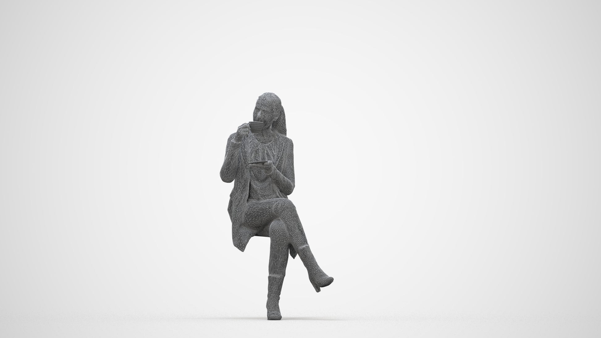 realistic 3D woman business sitting, scanned archviz people for Blender and 3ds Max, wireframe back view