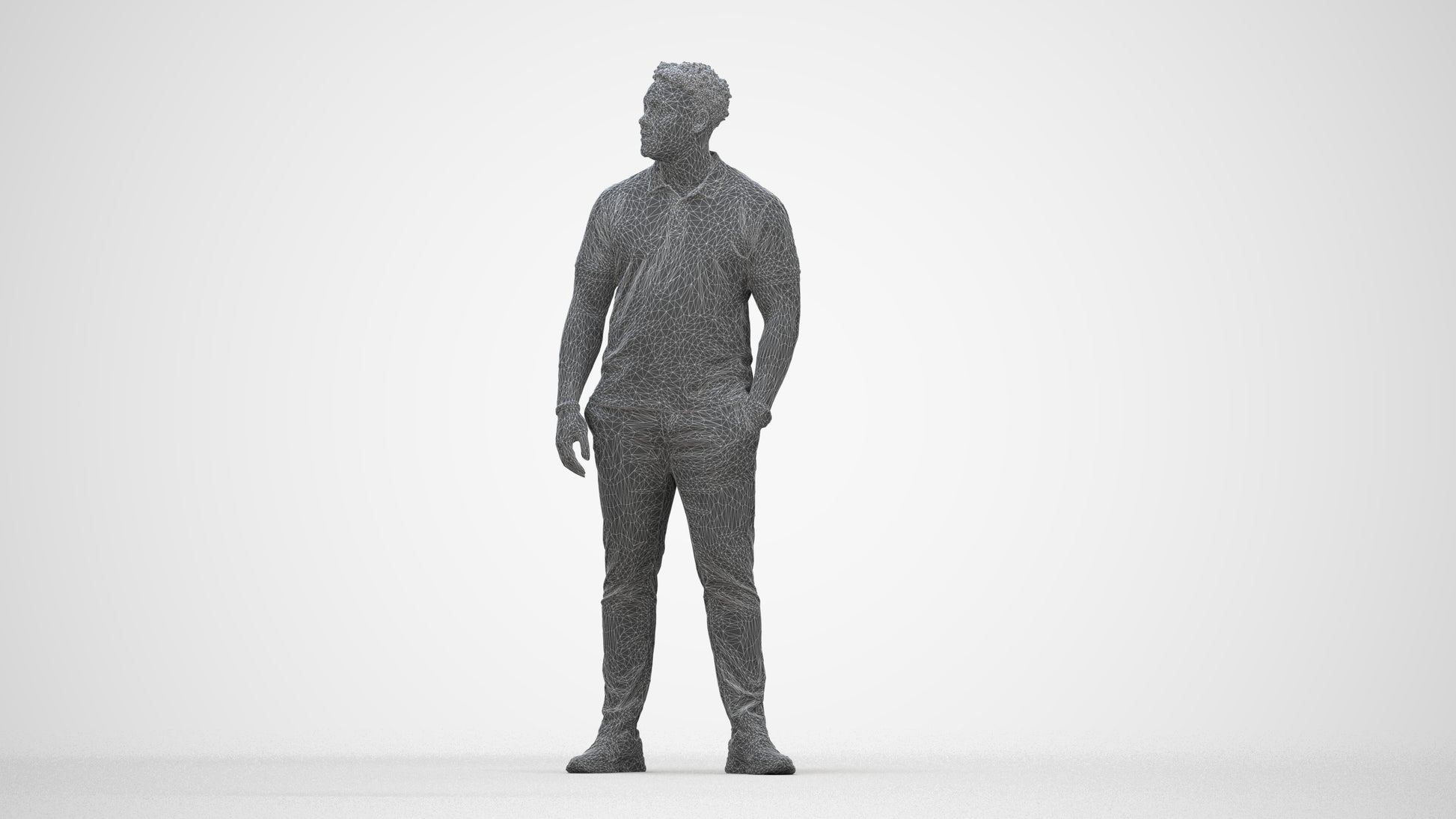 3D human model man casual standing, photogrammetry scanned person for archviz, wireframe back view