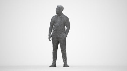 3D human model man casual standing, photogrammetry scanned person for archviz, wireframe back view