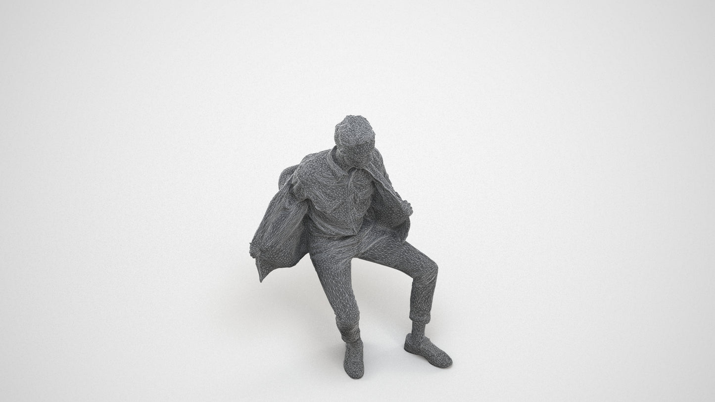 realistic 3D man casual sitting, scanned archviz people for Blender and 3ds Max, wireframe three-quarter view