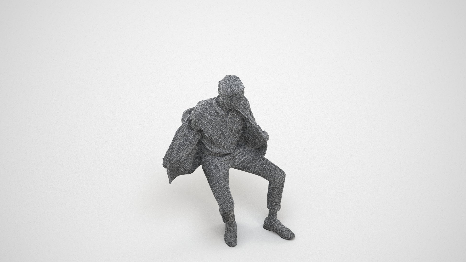 realistic 3D man casual sitting, scanned archviz people for Blender and 3ds Max, wireframe three-quarter view