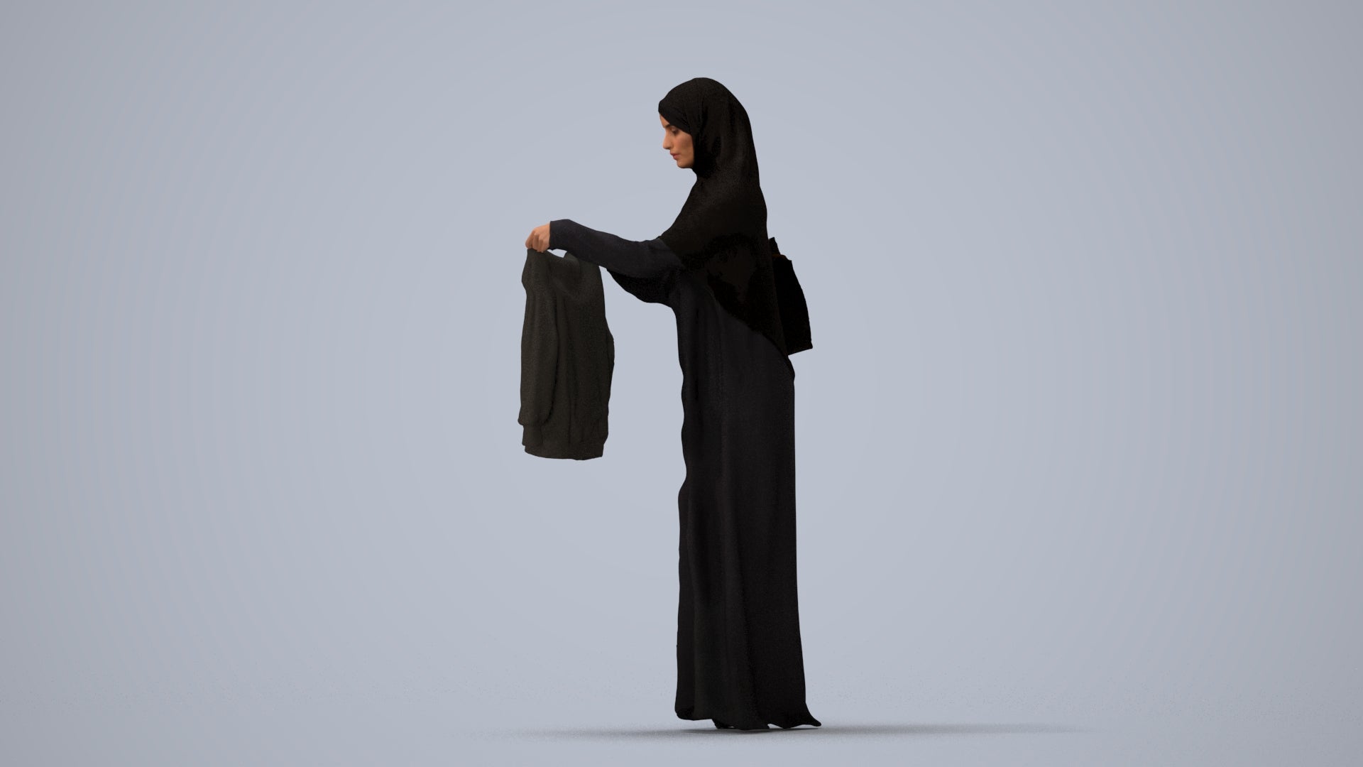 scanned 3D woman shopping, photogrammetry people for Enscape and V-Ray, three-quarter view render