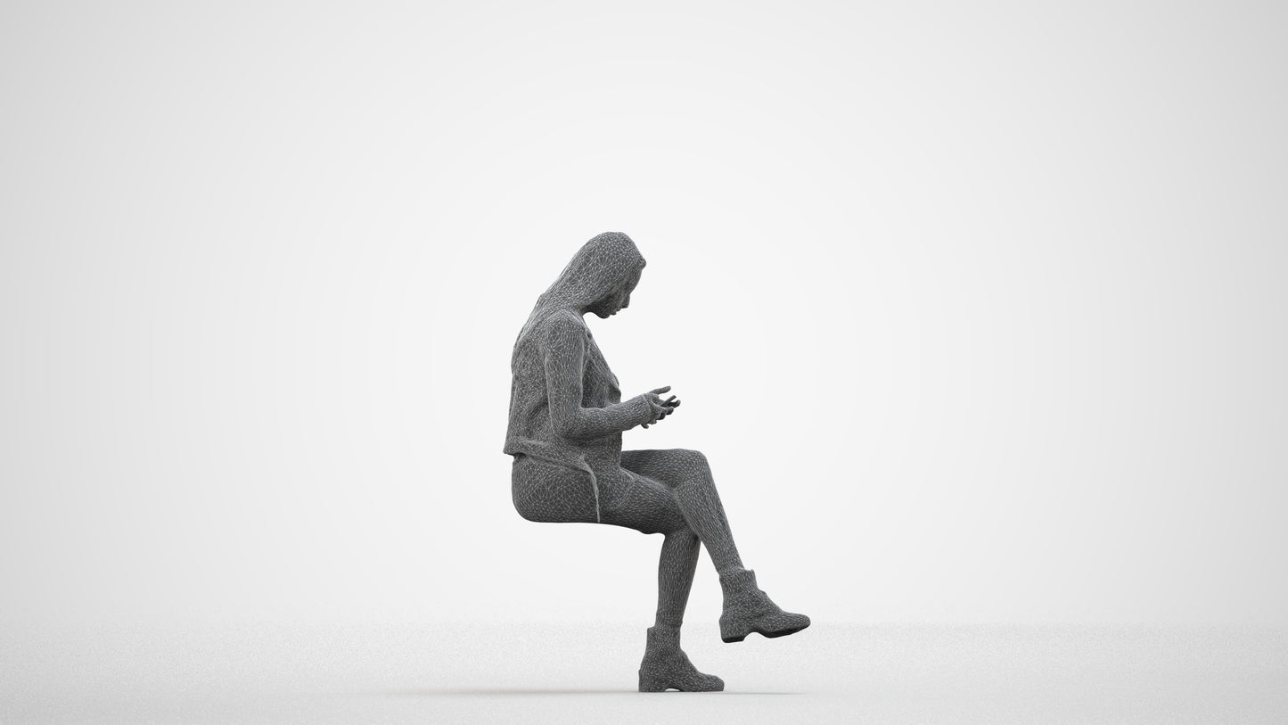 realistic 3D people woman casual sitting, render-ready for V-Ray and Corona, FBX OBJ, wireframe side view