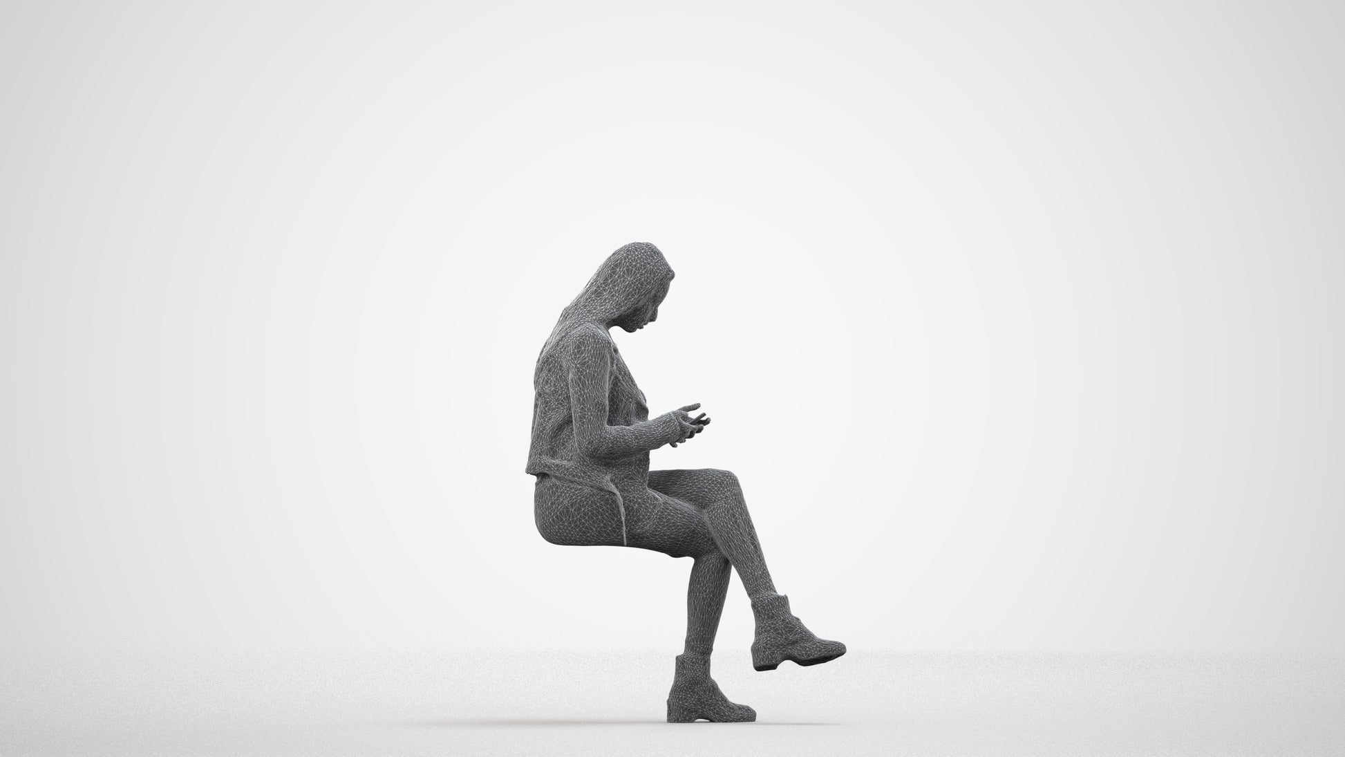 realistic 3D people woman casual sitting, render-ready for V-Ray and Corona, FBX OBJ, wireframe side view