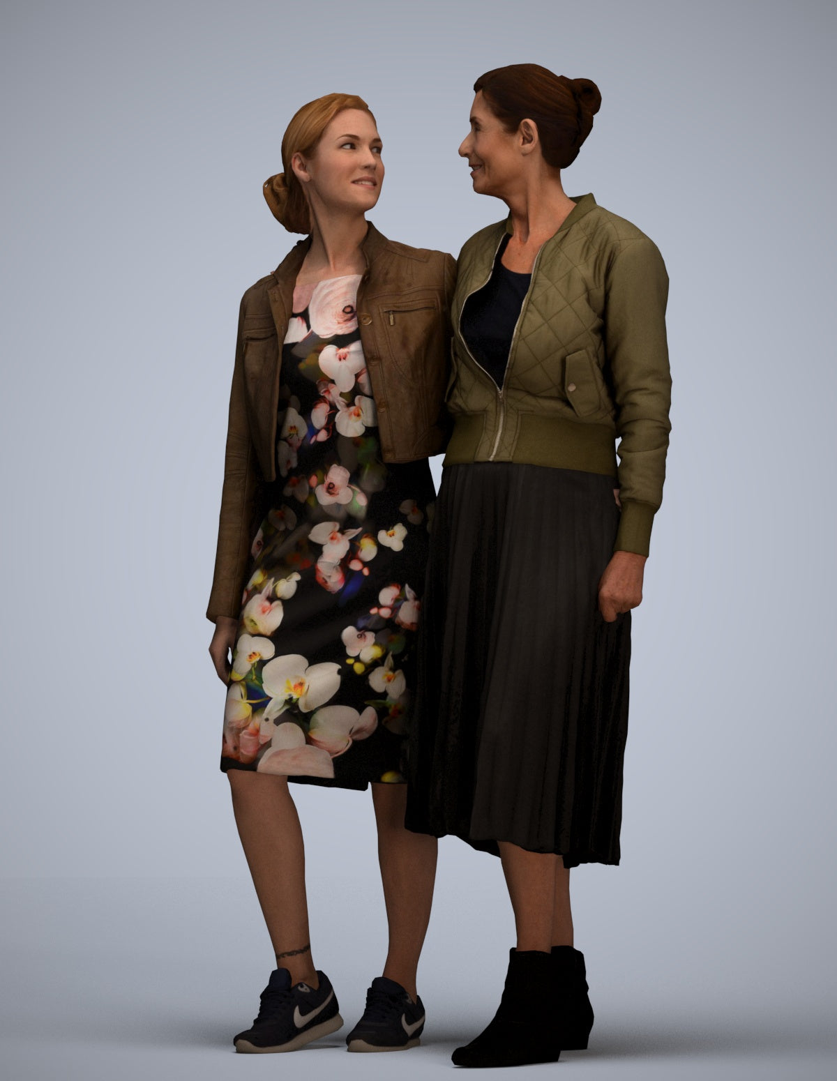3D human model senior woman casual kids, photogrammetry scanned person for archviz