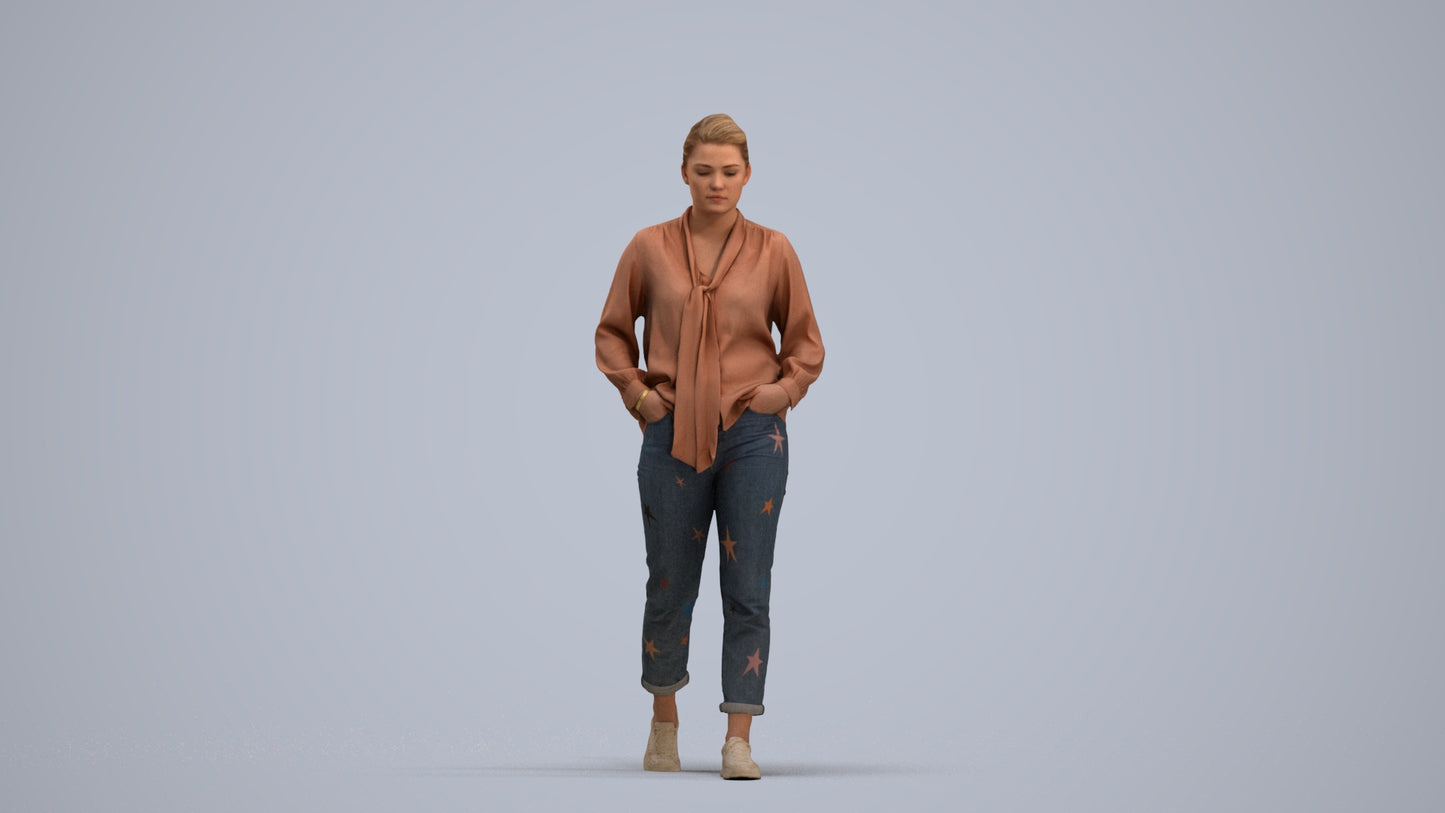 photogrammetry 3D woman casual walking, realistic human model archviz FBX, standing pose render