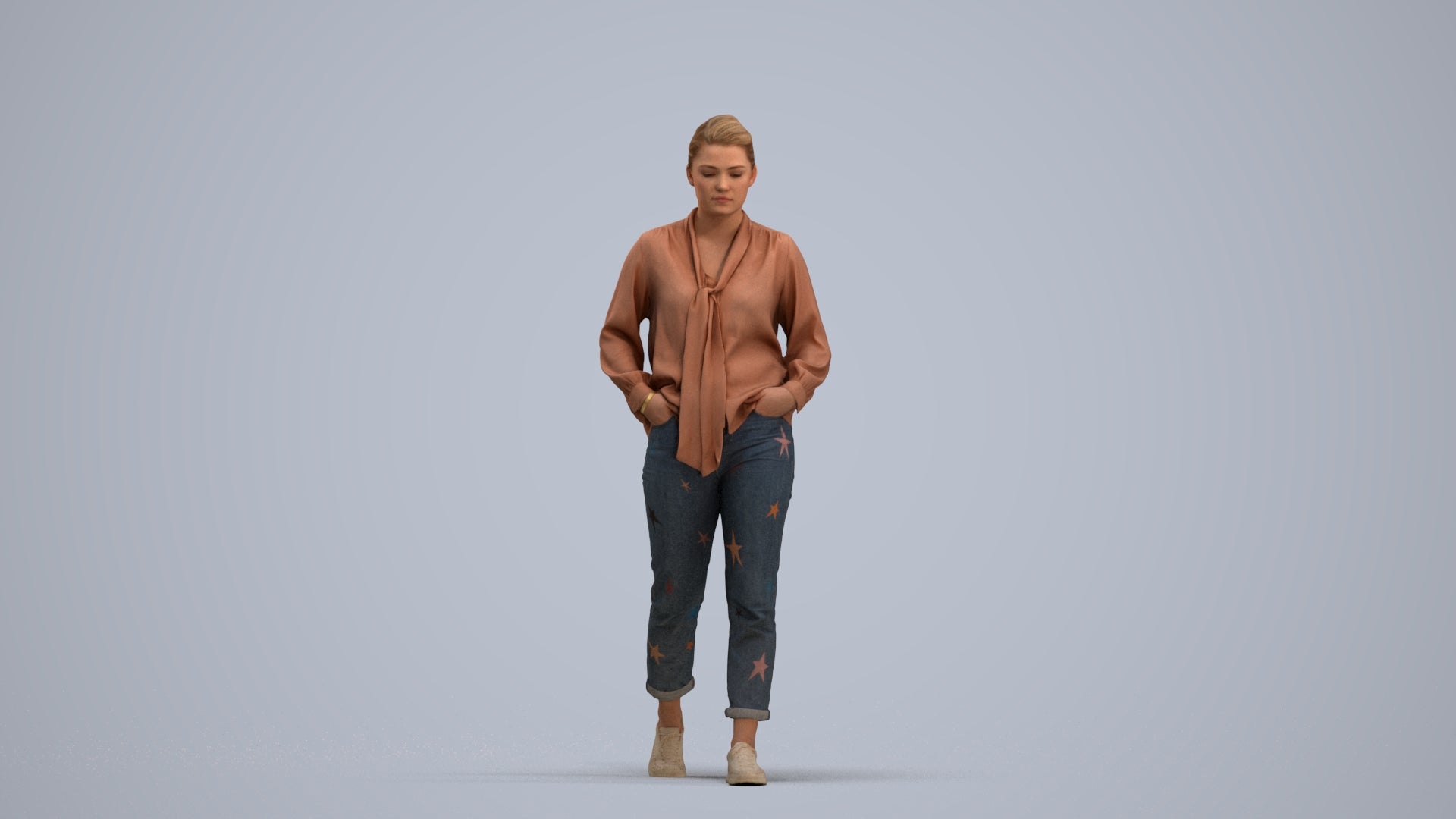 photogrammetry 3D woman casual walking, realistic human model archviz FBX, standing pose render