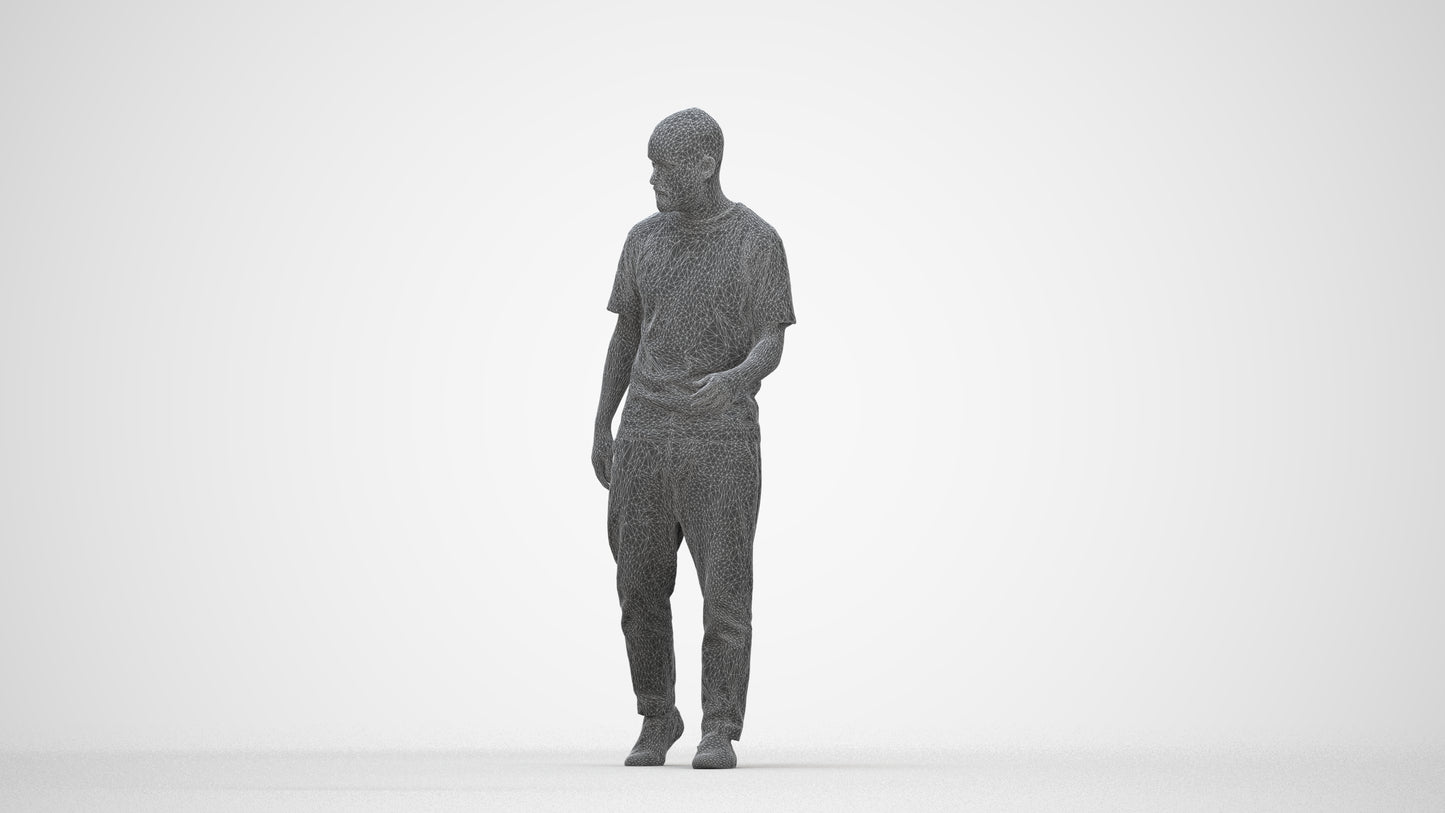 photogrammetry 3D man casual walking, realistic human model archviz FBX, wireframe back view
