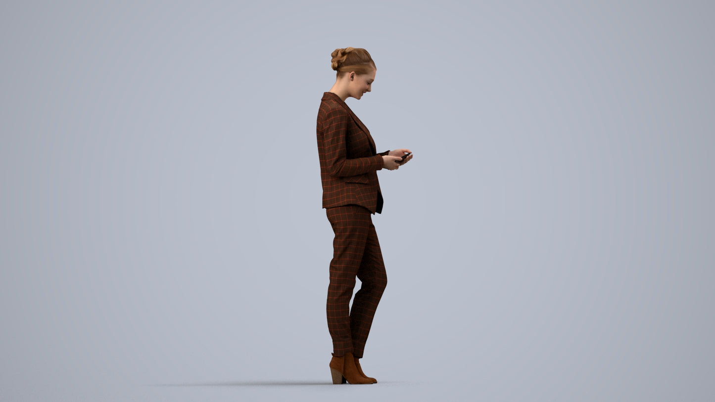 3D human model woman business standing, photogrammetry scanned person for archviz, side view render