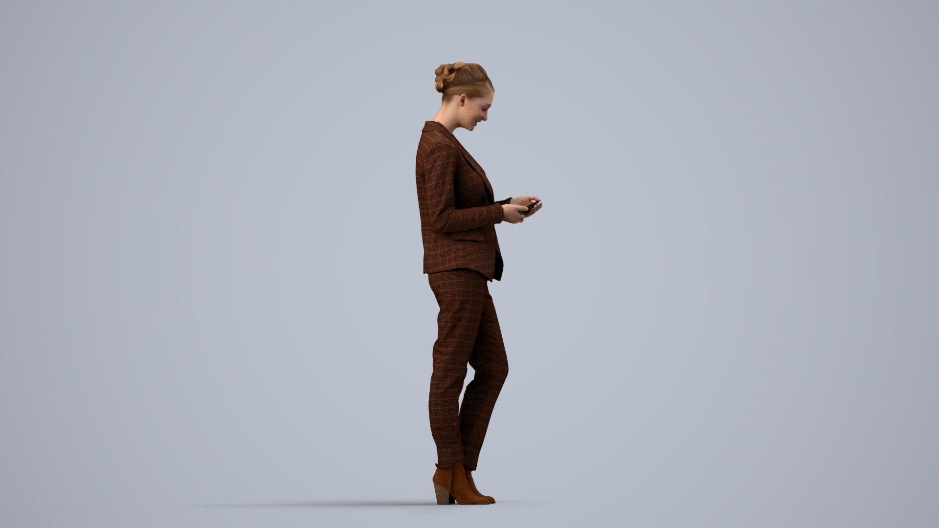 3D human model woman business standing, photogrammetry scanned person for archviz, side view render