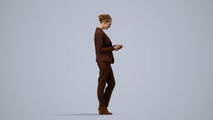 3D human model woman business standing, photogrammetry scanned person for archviz, side view render