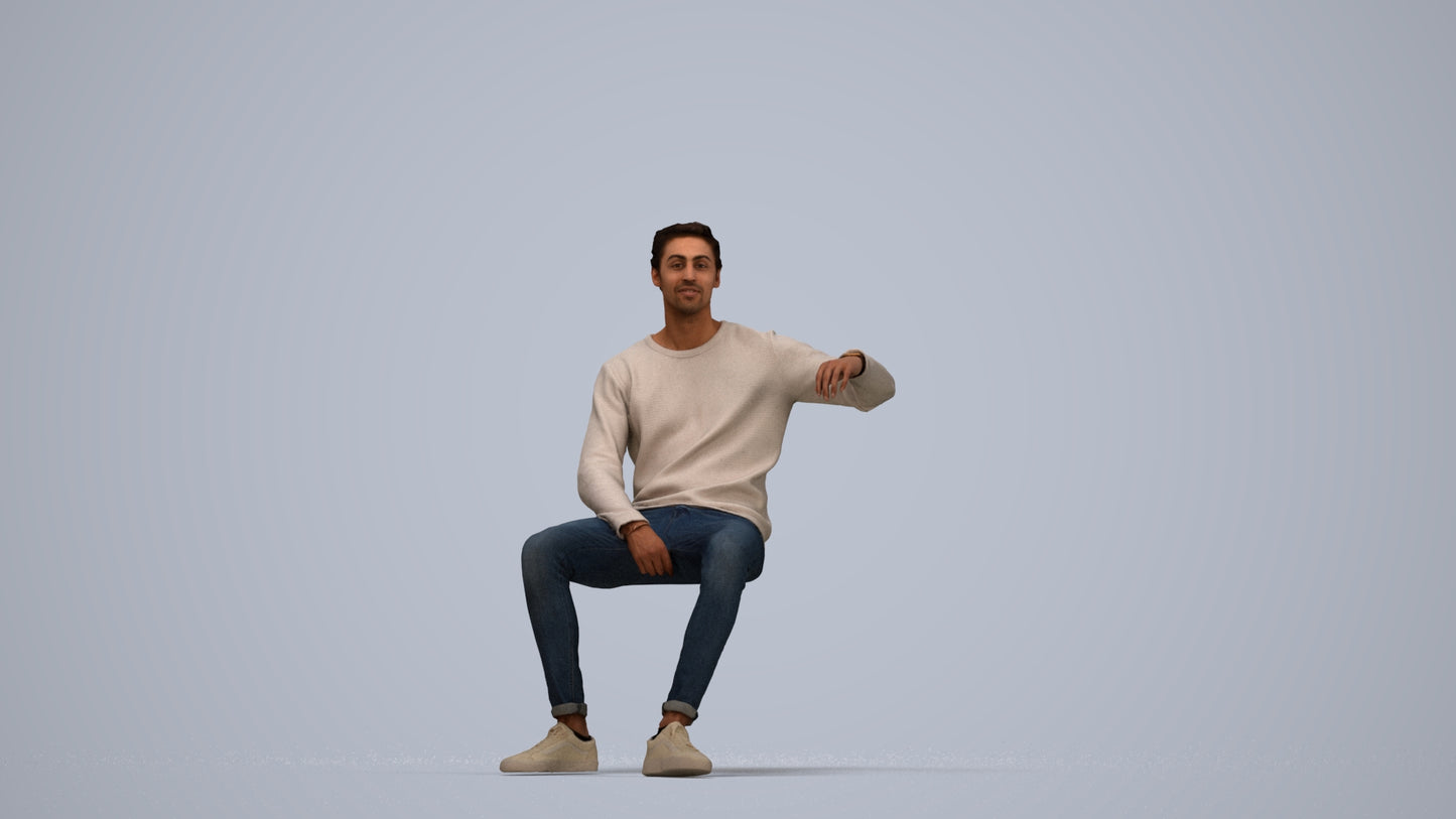 photogrammetry 3D man casual sitting, realistic human model archviz FBX, top-down view render