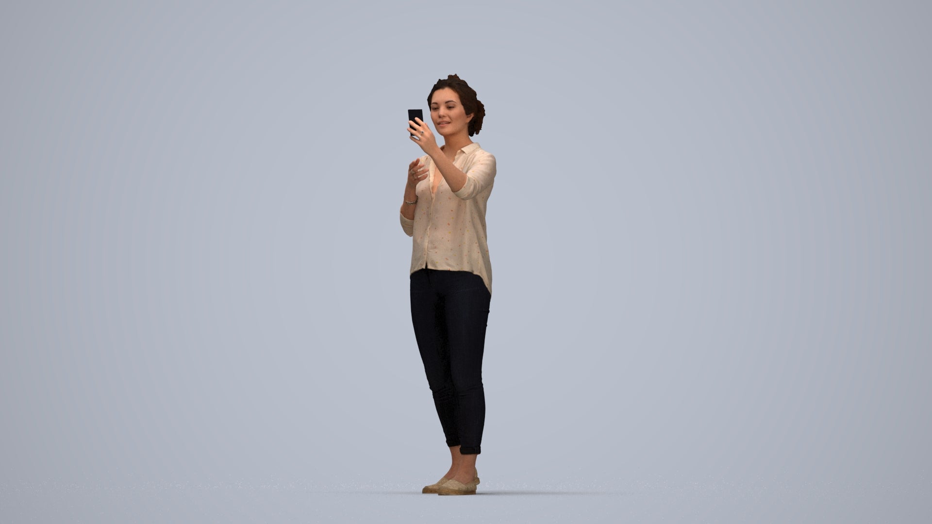 realistic 3D people woman casual standing, render-ready for V-Ray and Corona, FBX OBJ, top-down view render