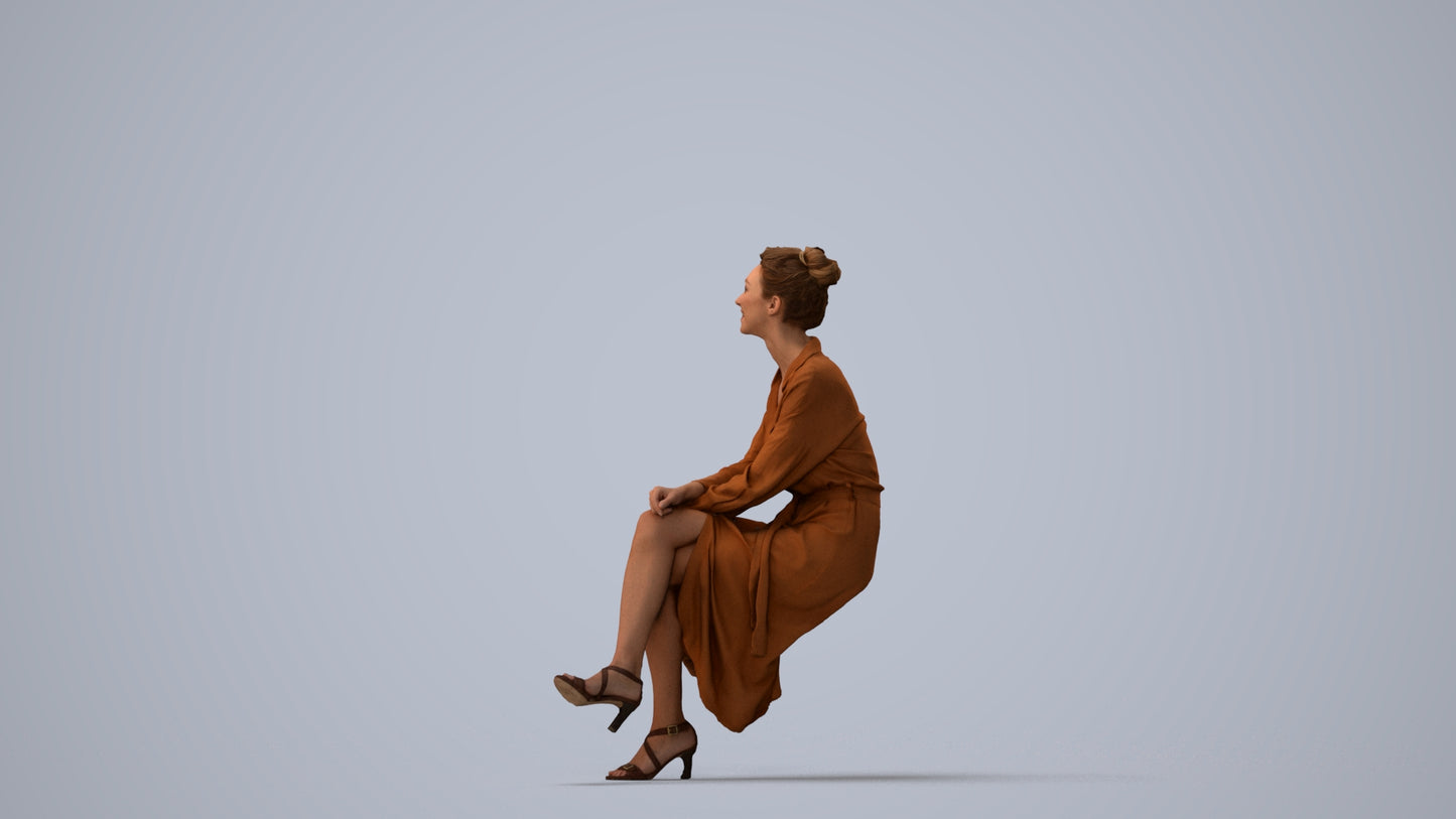 scanned 3D woman casual sitting, photogrammetry people for Enscape and V-Ray, three-quarter view render