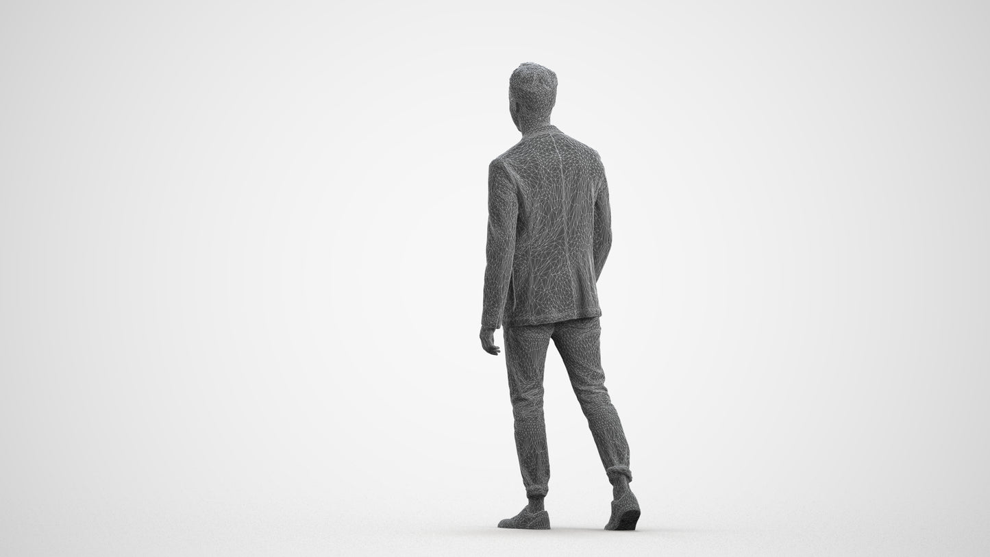 3D scanned man walking business, photorealistic archviz people for Enscape and SketchUp, wireframe front view