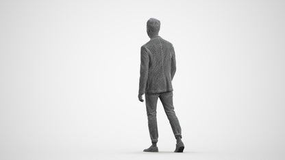 3D scanned man walking business, photorealistic archviz people for Enscape and SketchUp, wireframe front view