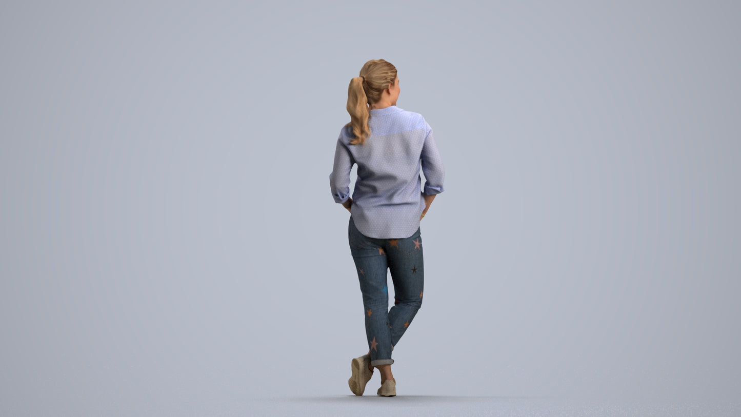 3D scanned woman standing casual, photorealistic archviz people for Enscape and SketchUp, front view render