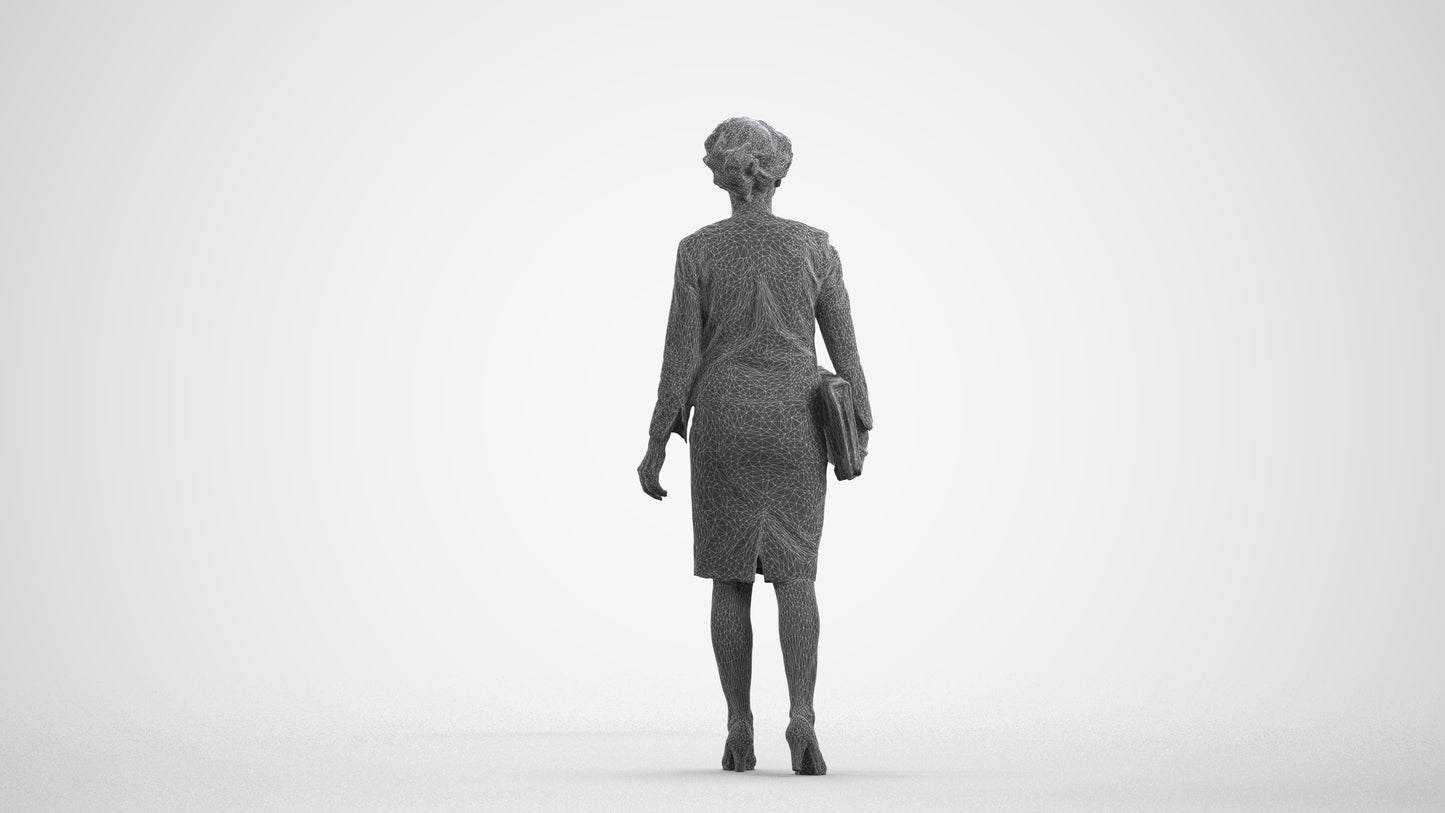 3D scanned woman walking business, photorealistic archviz people for Enscape and SketchUp, wireframe front view