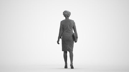 3D scanned woman walking business, photorealistic archviz people for Enscape and SketchUp, wireframe front view