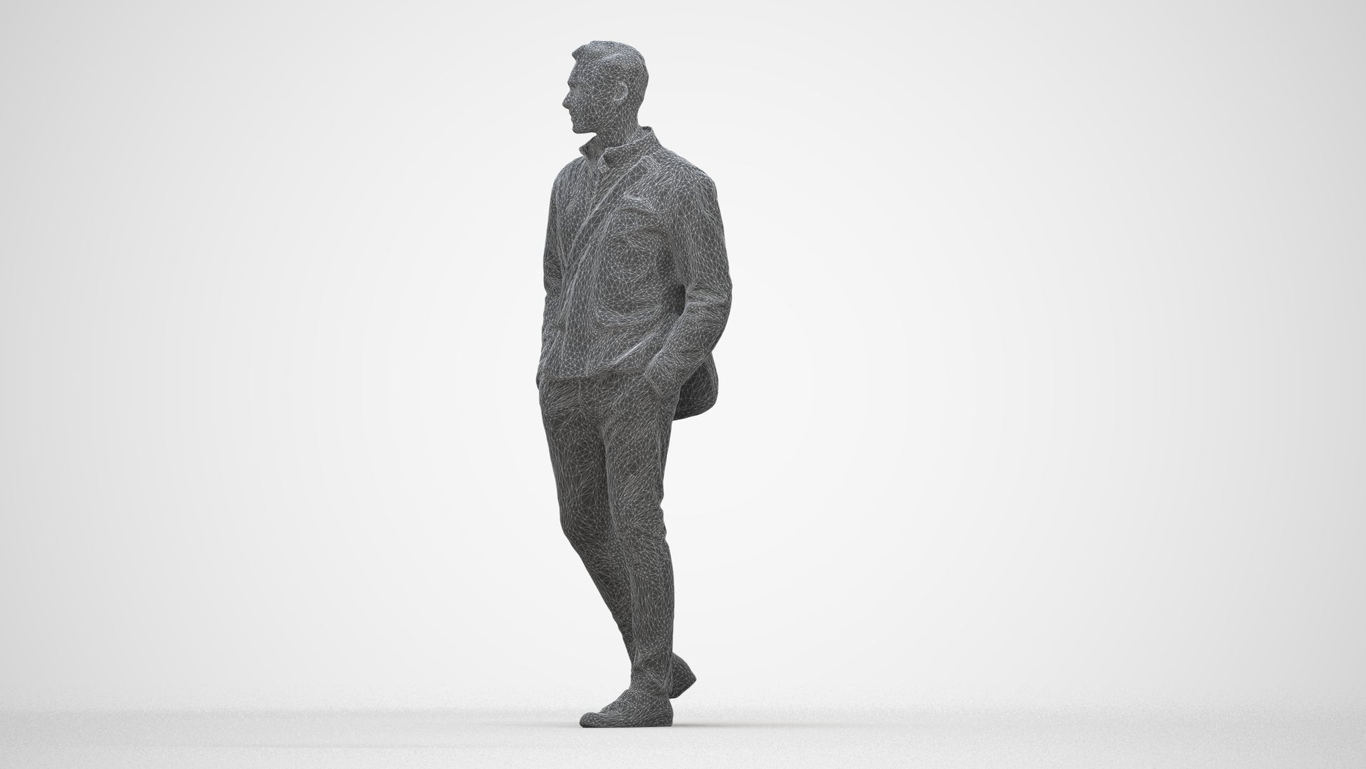 3D people model man casual walking, scanned human for 3ds Max rendering, wireframe back view