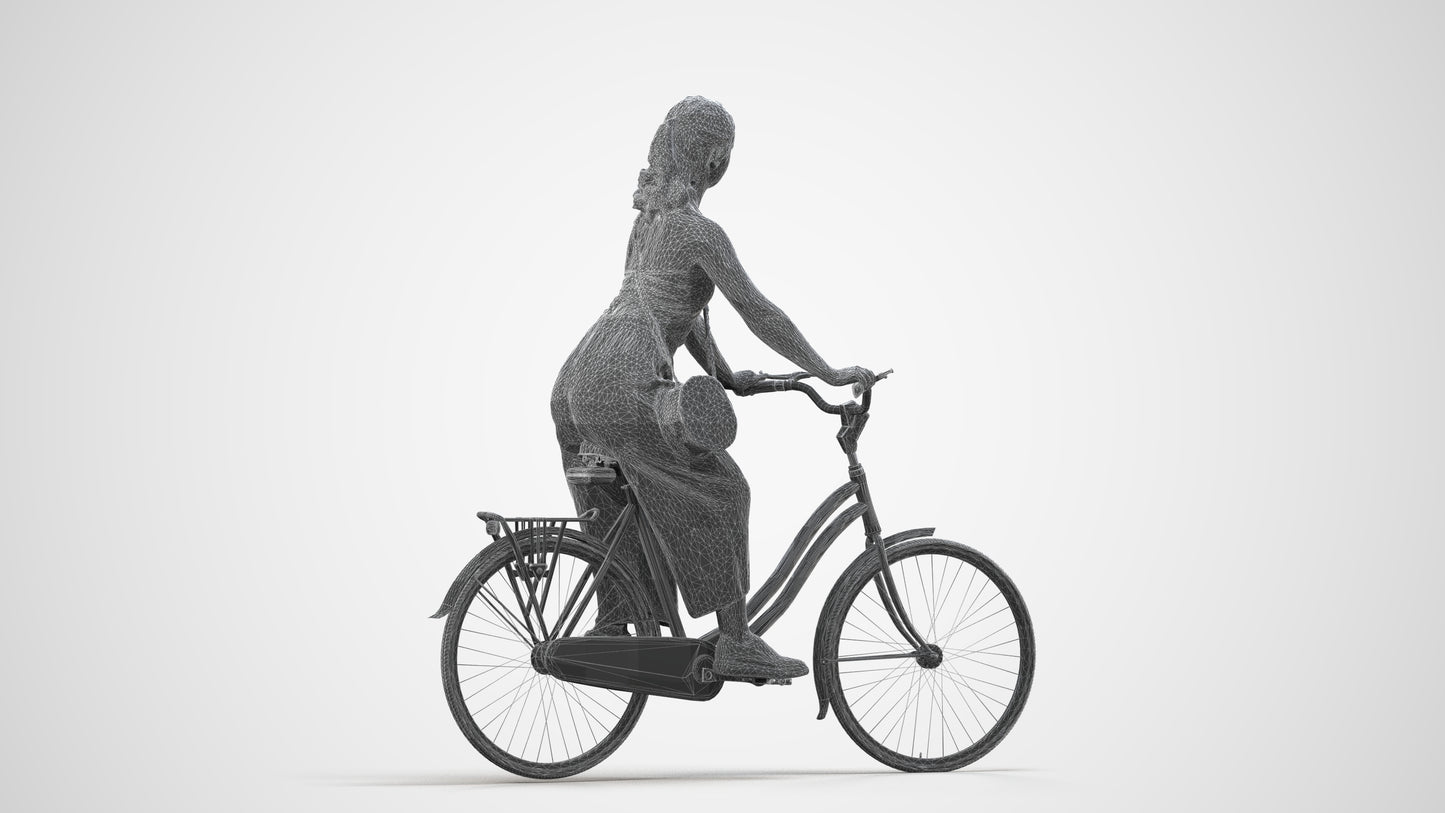 realistic 3D human girl casual cycling, archviz people FBX OBJ for Blender, wireframe side view