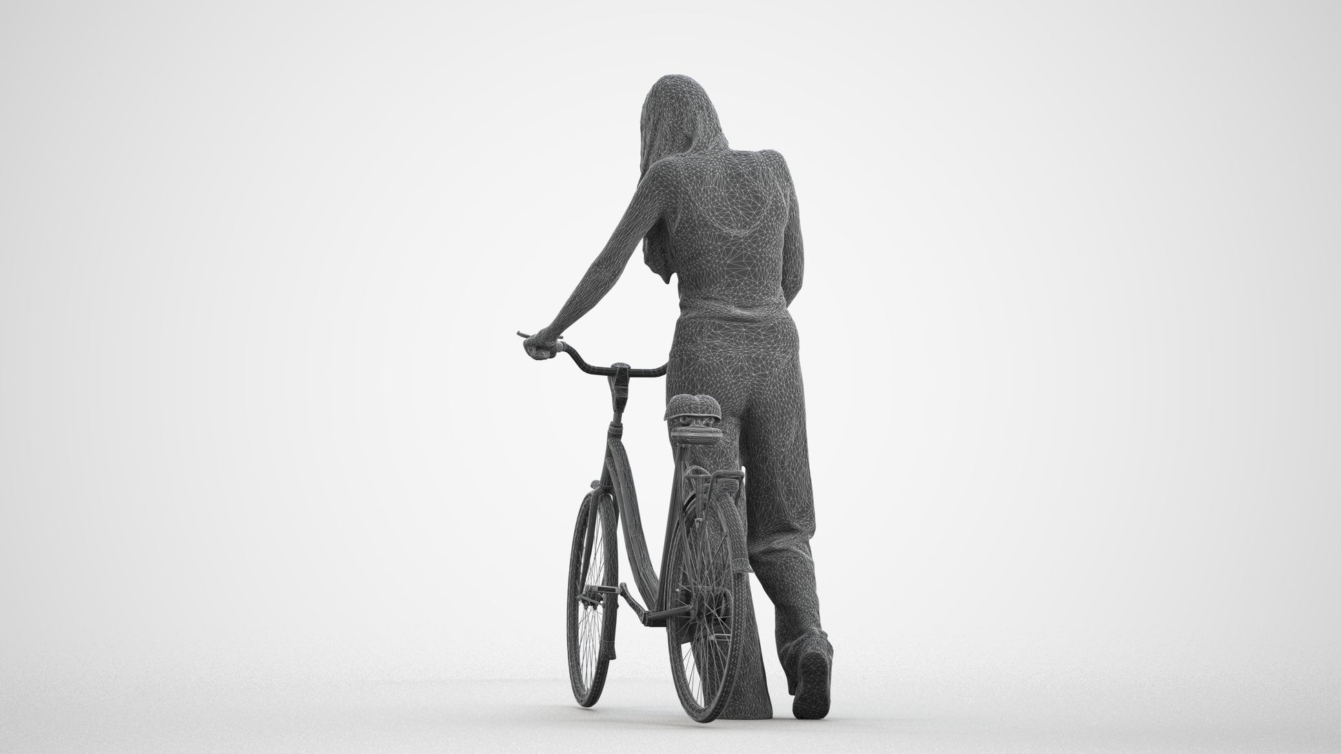 realistic 3D people woman casual cycling, render-ready for V-Ray and Corona, FBX OBJ, wireframe front view