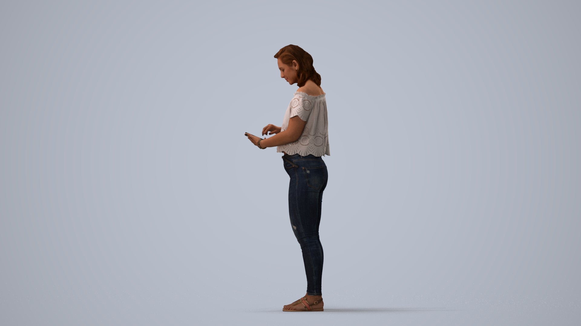 3D human model woman casual standing, photogrammetry scanned person for archviz, three-quarter view render