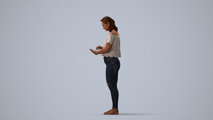 3D human model woman casual standing, photogrammetry scanned person for archviz, three-quarter view render