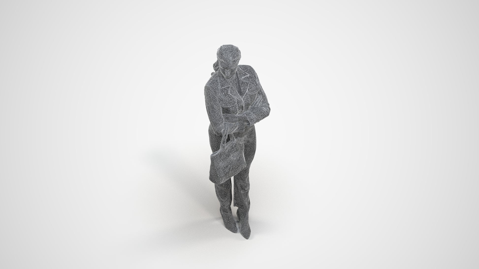 realistic 3D human woman business standing, archviz people FBX OBJ for Blender, wireframe three-quarter view
