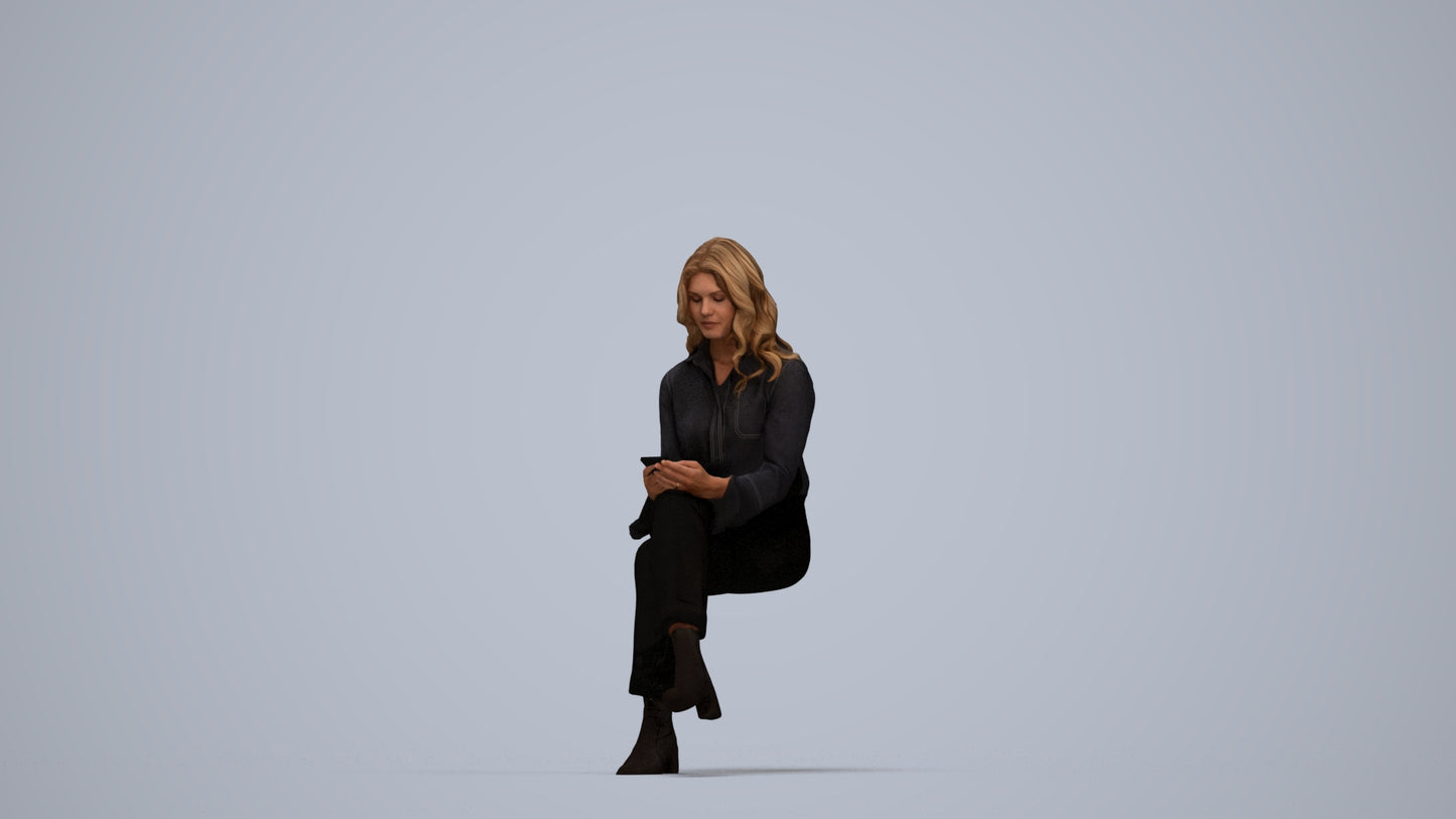 3D human model woman business sitting, photogrammetry scanned person for archviz, top-down view render