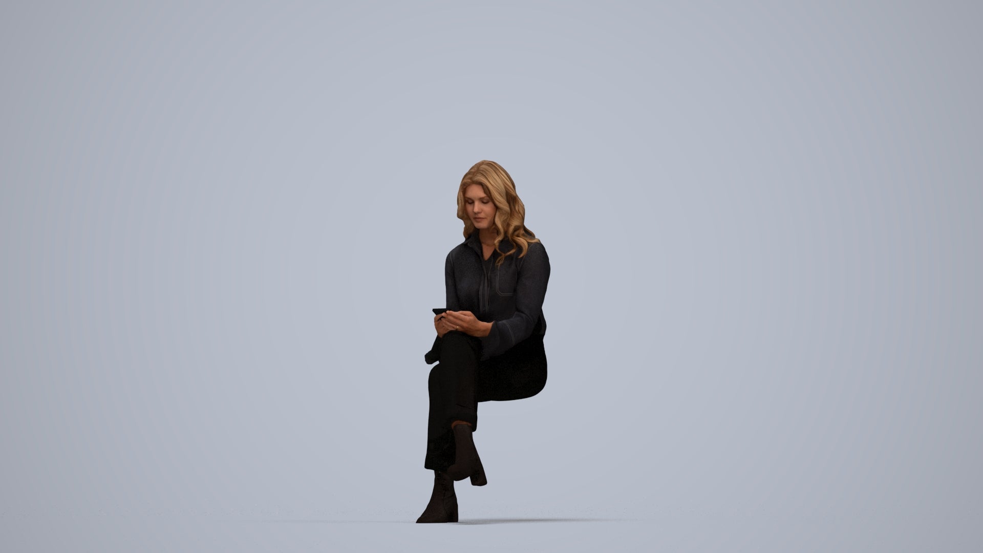 3D human model woman business sitting, photogrammetry scanned person for archviz, top-down view render