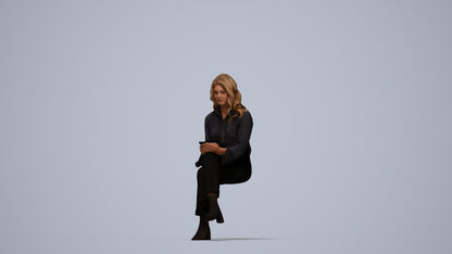 3D human model woman business sitting, photogrammetry scanned person for archviz, top-down view render