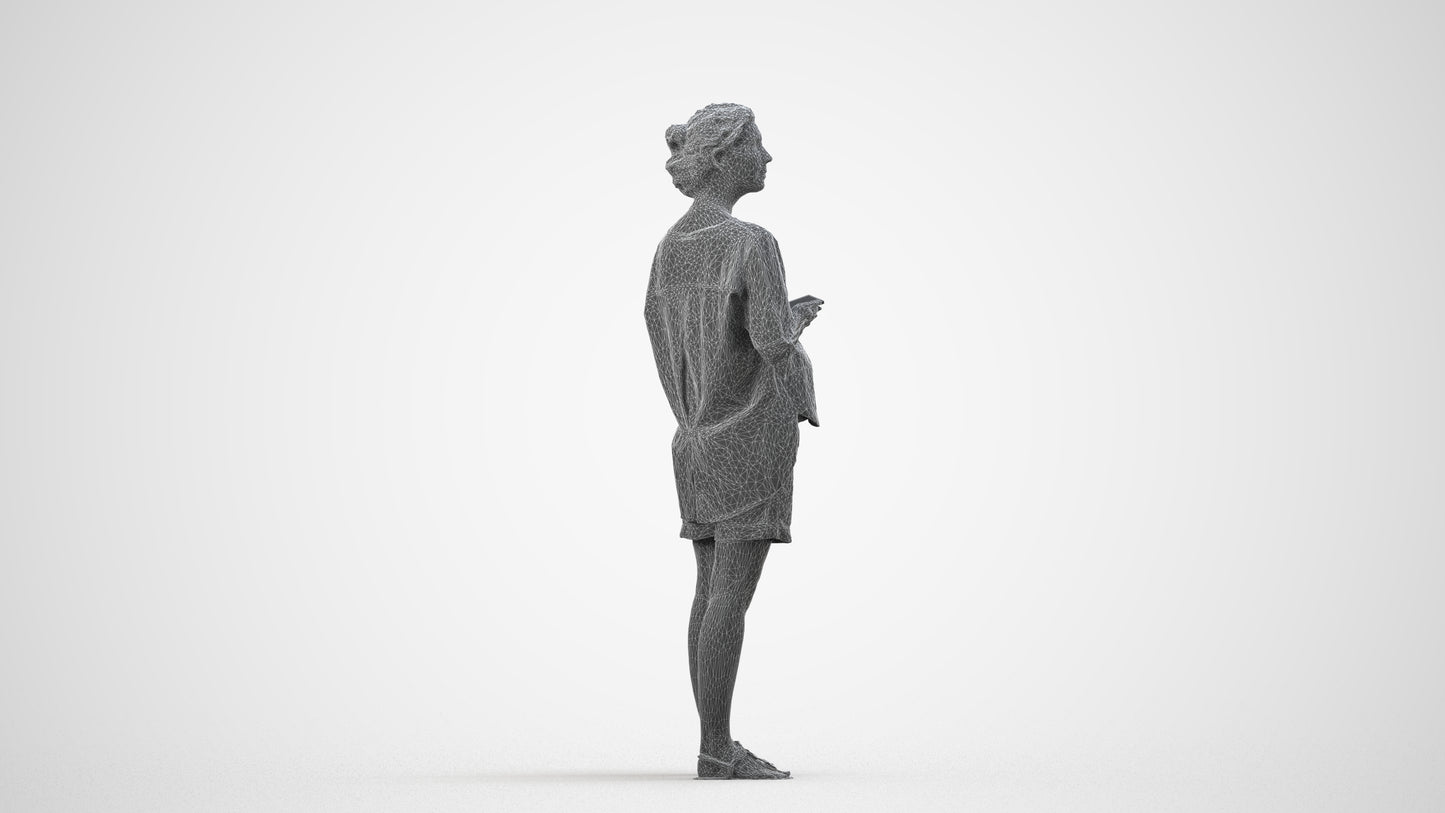 scanned 3D woman casual standing, photogrammetry people for Enscape and V-Ray, wireframe side view