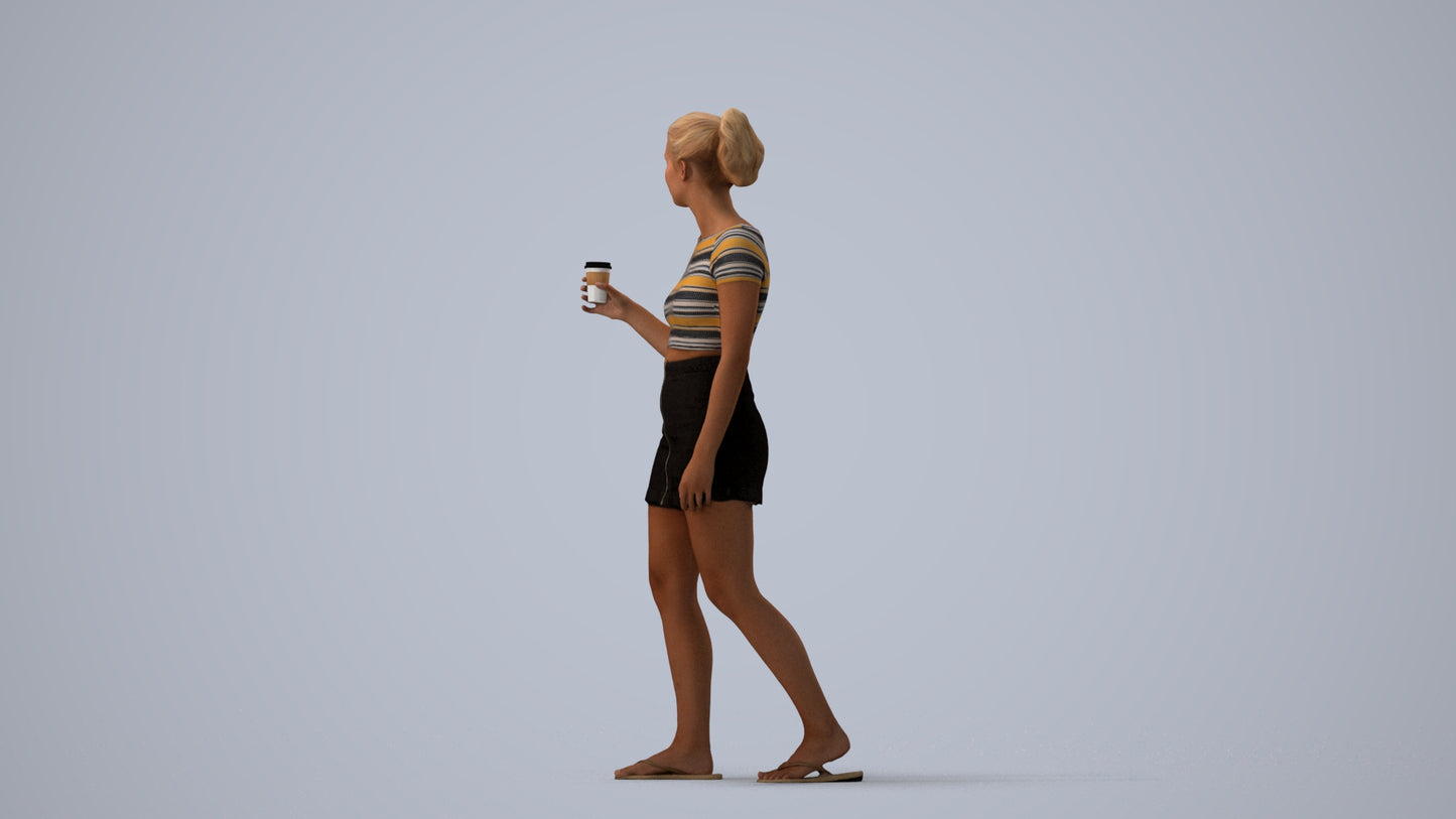 realistic 3D woman casual walking, scanned archviz people for Blender and 3ds Max, three-quarter view render