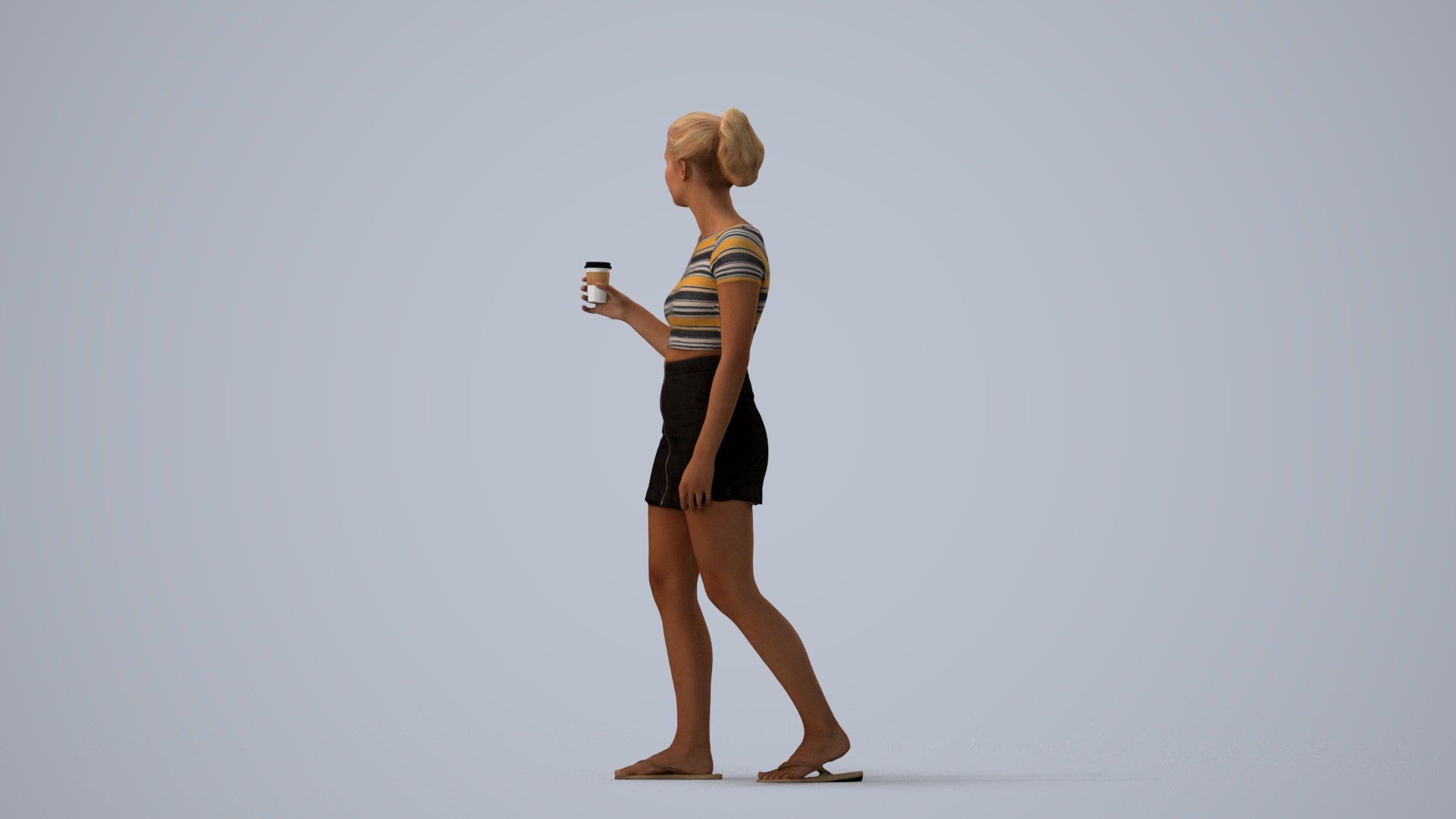 realistic 3D woman casual walking, scanned archviz people for Blender and 3ds Max, three-quarter view render