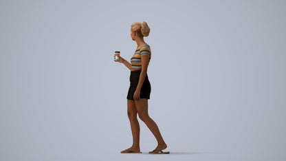 realistic 3D woman casual walking, scanned archviz people for Blender and 3ds Max, three-quarter view render